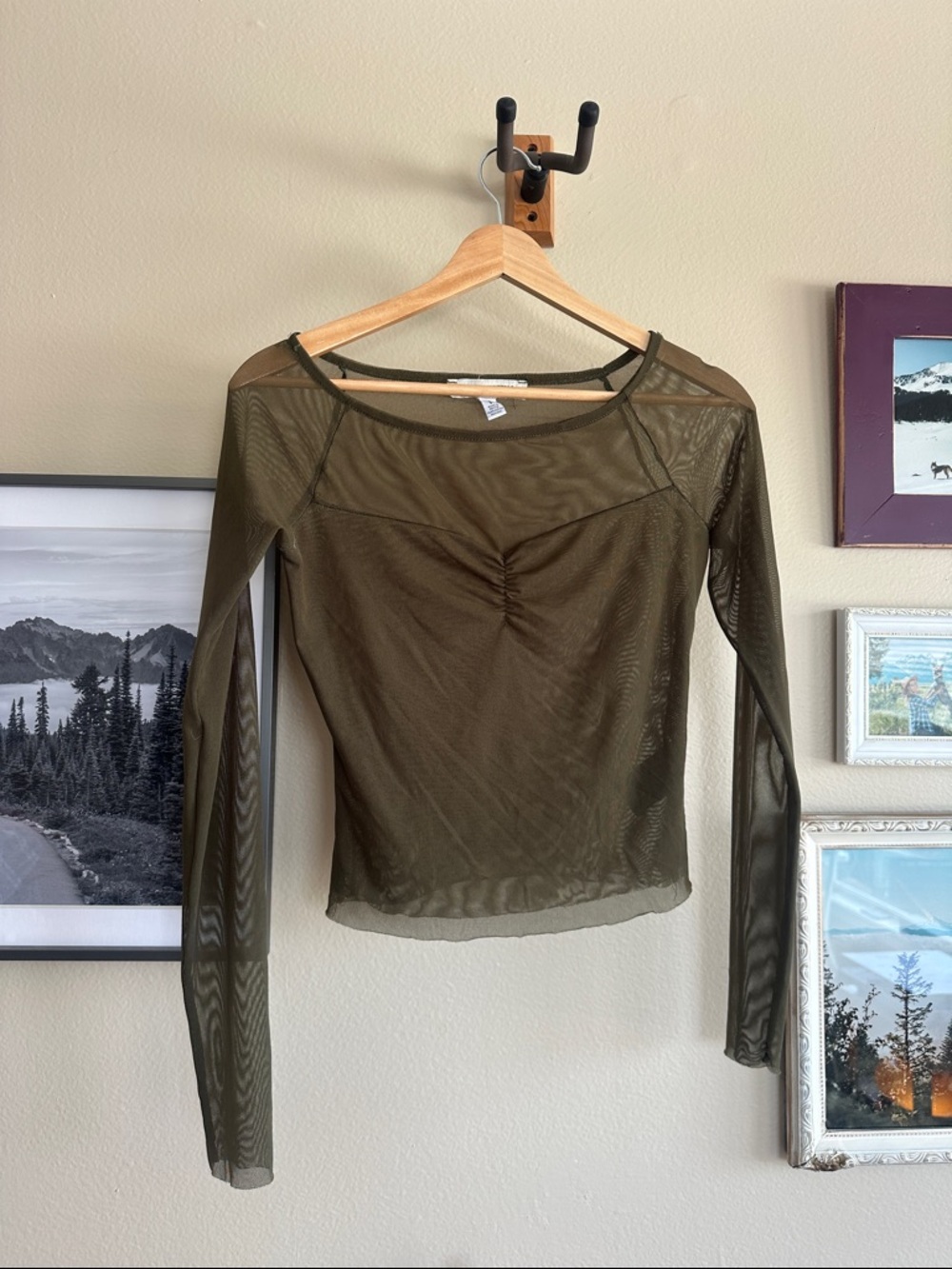 Olive Sheer Long-Sleeve Mesh Top